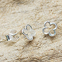 Sterling silver stud earrings, 'Four-Leaf Clover' - Thai Fair Trade Sterling Stud Earrings