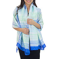 Rayon and silk blend shawl, 'Cool Blue Plaid' - Blue and White Handcrafted Silk Blend Shawl with Green