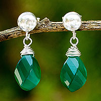 Chalcedony dangle earring, 'From Chiang Mai with Love' - Green Chalcedony Briolette Earrings with Sterling Silver