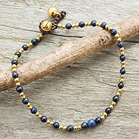 Lapis lazuli anklet, 'Cheerful Walk' - Single Strand Brass Bead Anklet with Lapis Lazuli