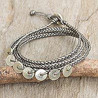 Leather and silver wrap bracelet, ‘Silver Round Factor’ (Thailand)