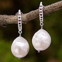 Garnet and cultured pearl dangle earrings,