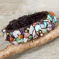 Multi-gemstone cuff bracelet, 'Colorful Day' - Fair Trade Multi Gemstone Beaded Crocheted Cuff Bracelet