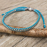 Silver accent braided bracelet, 'Blue Grey Progression' - Hand Knotted Macrame Bracelet with Hill Tribe Silver Beads
