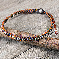 Silver accent braided bracelet, 'Brown Tan Progression' - Silver Beads on Brown and Tan Wristband Bracelet