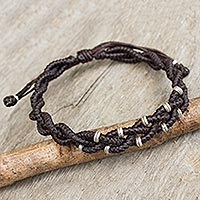 Silver accent wristband bracelet, 'Brown Hill Tribe Bride' - Braided Macrame Bracelet in Espresso Brown with Silver 950