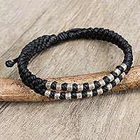 Silver accent wristband bracelet, 'Black Infinity Twins' - Thai Macrame Black Wristband Bracelet with Silver 950 Beads