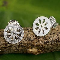 Sterling silver stud earrings, 'Blooming Moons' - Thai Artisan Designed Sterling Silver Flower Stud Earrings