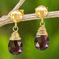 Gold plated garnet dangle earrings, 'Crimson Sunrise' - 24k Gold Plated Sterling Silver and Garnet Dangle Earrings