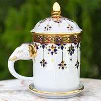Benjarong porcelain mug, 'Charmed Thai' - White Porcelain Benjarong Mug and Lid with Gold Application