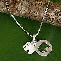 Sterling silver pendant necklace, 'Elephant Shadow' - Thai Sterling Silver Necklace with Two Elephant Pendants