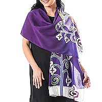 Cotton batik shawl, 'Lavender Goat' - Hand Dyed Cotton Batik Shawl with Goat Motif from Thailand