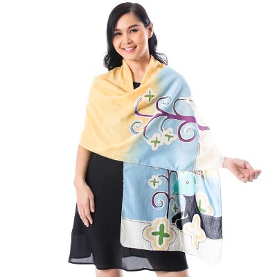 Cotton batik shawl, Blue and Yellow Goat