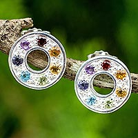 Multigemstone chakra earrings, 'Chakra Honor Wheel' - Chakra Wheel Multiple Gemstones on Sterling Silver Earrings