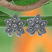 Marcasite flower earrings, 'Dewkissed Orchids' - Sterling Silver Orchid Flower Earrings with Marcasite