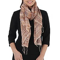 Silk scarf, 'Brown Iridescence' - Hand Spun Silk Brown and Orange Scarf from Thailand