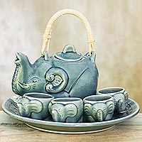 Celadon tea set Blue Elephant Family set for 4 Thailand