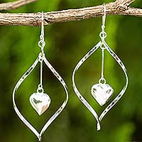 Sterling silver dangle earrings, 'Heart Pendulum' - Heart Themed Sterling Silver 925 Dangle Earrings