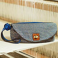 Cotton and leather accent wristlet bag Lucky Blue Dok Pi Kul Thailand