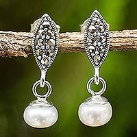 Cultured freshwater pearl and marcasite dangle earrings,