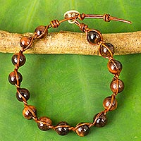Tiger's eye and leather beaded bracelet, 'Warm Rhythm' - Tiger's Eye and Leather Handcrafted Bracelet with Silver 950