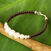 Cultured pearl and leather braided bracelet,