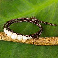Cultured pearl and leather wrap bracelet,