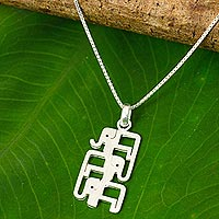Sterling silver pendant necklace, 'Elephant Pyramid' - Brushed Sterling Silver Three-Elephant Pendant Necklace