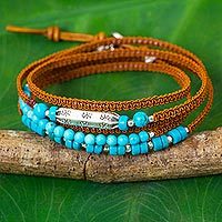 Silver accent calcite and leather wrap bracelet,