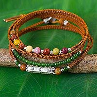 Silver accent jasper and leather wrap bracelet,