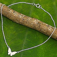 Thai Artisan Crafted Sterling Silver Butterfly Theme Anklet,'Butterfly Silhouette'