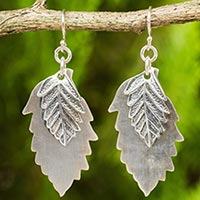 Sterling silver dangle earrings, 'Leaf Shadows' - Double 925 Sterling Silver Leaves Artisan Crafted Earrings