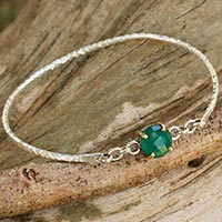 Onyx bangle bracelet, 'Green Fascination' - Sterling Silver Bangle with Green Onyx and 24k Gold Accents