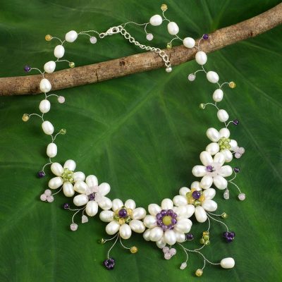 Cultured pearl flower necklace, 'Zinnia Garden' - Cultured Pearl Amethyst Quartz Necklace from Thailand