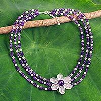 Amethyst and rose quartz beaded flower necklace,