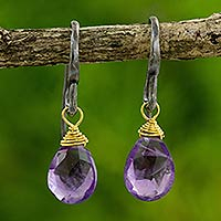 Amethyst dangle earrings, 'Morning Bright' - Handmade Gold Accented Amethyst Dangle Earrings