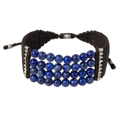 Lapis lazuli and silver beaded cord bracelet, 'The Deep Sea' - Lapis Lazuli Beaded Cord Bracelet with Silver Accent