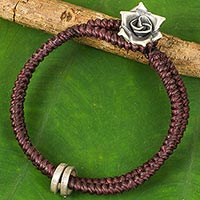 Silver flower bracelet, 'Marsala Rose' - Hill Tribe Rose Clasp on Artisan Crafted Wristband Bracelet