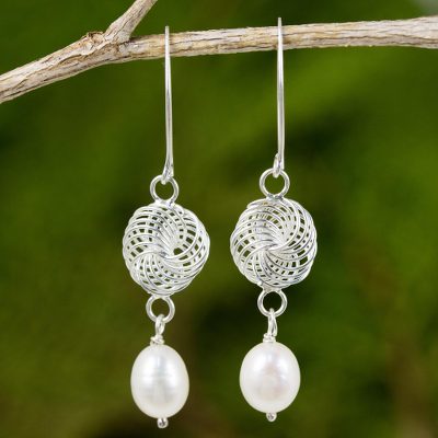 Cultured pearl and sterling silver dangle earrings, Snowfall in White
