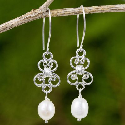 Cultured pearl and sterling silver dangle earrings, Enchanted Wind in White