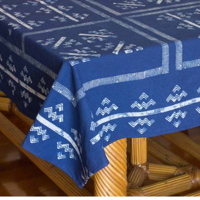 Cotton batik tablecloth, 'Mountains & Rivers' - Hill Tribe Artisan Blue Batik Tablecloth (57x59)