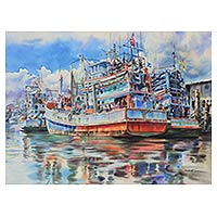 'Chaao-Lay Way of Life II' (2014) - Painting of Thai Fishing Boats in Realistic Watercolors