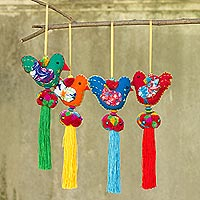 Cotton ornaments, 'Happy Thai Doves' (set of 4) - 4 Birds and Brass Bells Artisan Crafted Multicolor Ornaments
