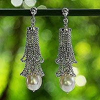 Cultured pearl chandelier earrings, 'Lily Petals' - Cultured Pearl and Sterling Silver Earrings from Thailand