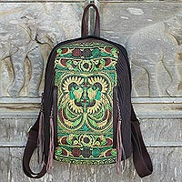 Cotton and leather accent embroidered backpack Phoenix Journey Thailand