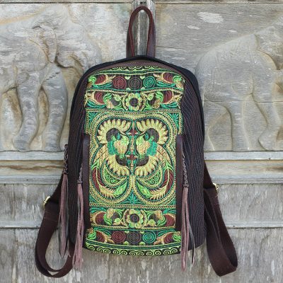 Cotton and leather accent embroidered backpack, 'Phoenix Journey' - Artisan Crafted Embroidered Cotton Backpack from Thailand