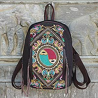 Cotton and leather accent embroidered backpack Yin Yang Journey Thailand
