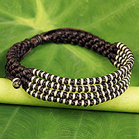Silver accent wristband bracelet, 'Chocolate Chiang Mai Quartet' - Thai Hill Tribe Silver Dark Brown Macrame Bracelet