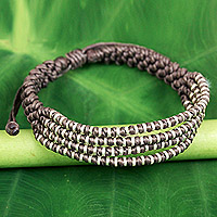 Silver accent wristband bracelet, 'Grey Chiang Mai Quartet' - Hand Knotted Grey Cord Bracelet with Silver Accents