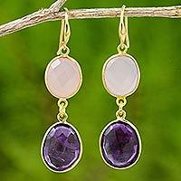 18k gold plated amethyst and rose quartz dangle earrings,